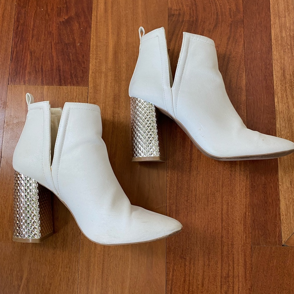 Qupid White Booties with Silver Block Heel